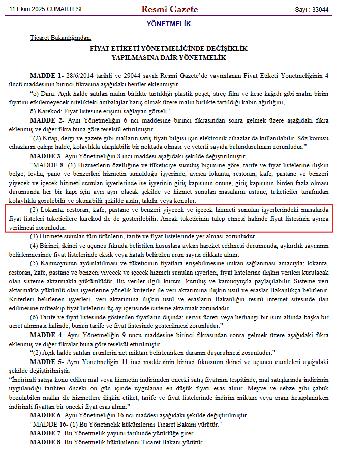 Resmî Gazete'de yayımlanan Fiyat Etiketi Yönetmeliği değişikliği, Madde 8