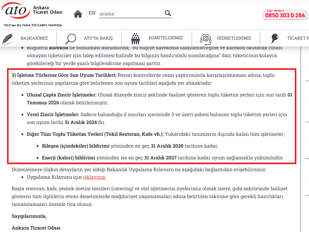 Ankara Ticaret Odası'nın yayınladığı, işletme büyüklüğüne göre uyum takvimi tablosu