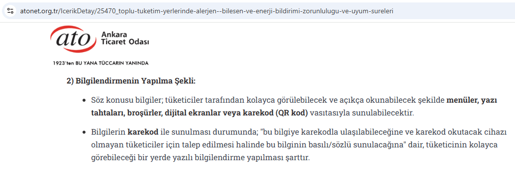Ankara Ticaret Odası sirküleri — karekodla bilgilendirme ve karekod okutamayan tüketiciler için yazılı bildirim şartı