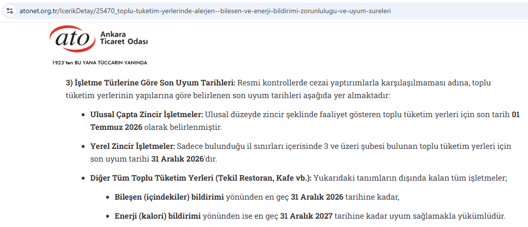 Menüde Kalori Bilgisi Zorunlu mu? 31 Aralık 2027'ye Kadar Yapılması Gerekenler